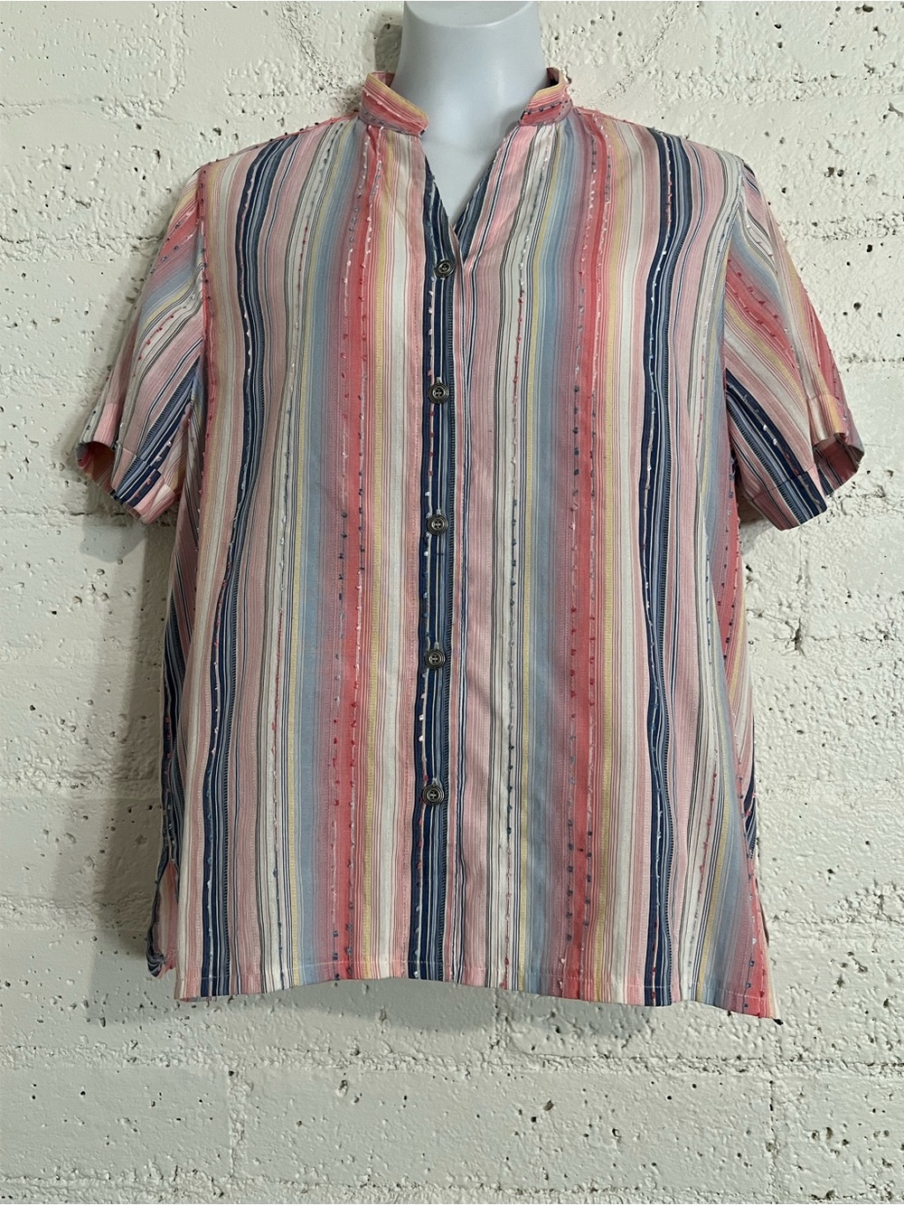 Alfred Dunner Womens Button Up Top 12 Pink Blue Vertical Stripe Short Sleeve H6